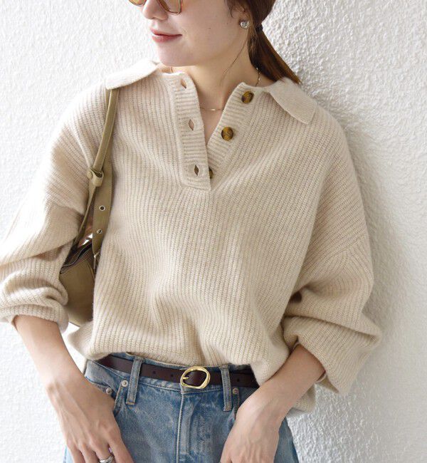 SHIPS any「SHIPS any:〈手洗い可能〉AQUA カシミヤ ミックス ポロ ニット」|ニット・セーター|ナチュラル
