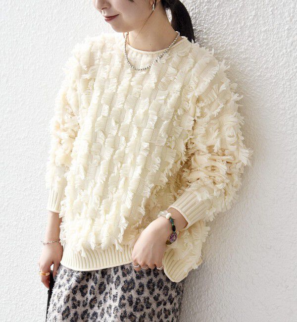 SHIPS any「SHIPS any:〈手洗い可能〉フリンジ デザイン ニット プルオーバー」|ニット・セーター|ホワイト