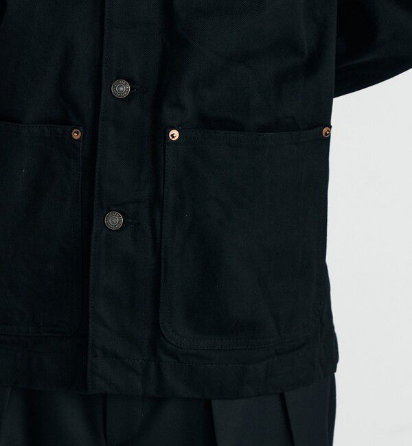 Edition「ブラックデニム レザーカラーカバーオール」|ブルゾン・スタジャン|