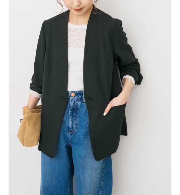 Spick and Span「トロストレッチVカラージャケット」|ノーカラージャケット|ブラック