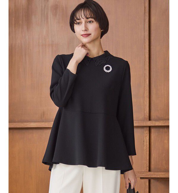 23区「【セットアップ対応/洗える】トリアセダブルジョーゼット 2WAYレース襟 ペプラムブラウス」|シャツ・ブラウス|ブラック系