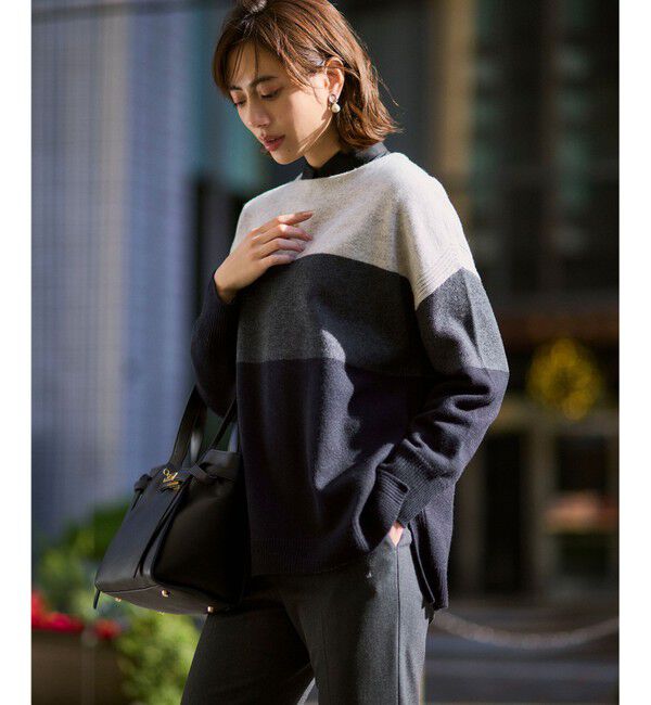 23区「【洗える】ウールカシミヤ カラーブロック チュニック ニット」|ニット・セーター|グレー