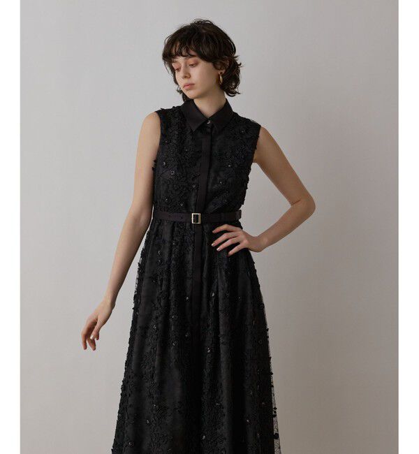 GRACE CONTINENTAL「フラワーライン刺繍ワンピース」|ワンピース|ブラック