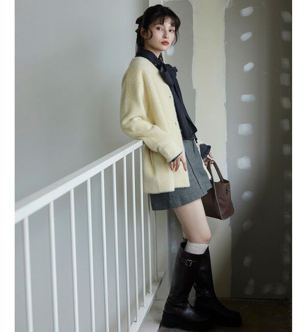 VIS「接結メタルボタンミニフェザーニットコート」|ノーカラージャケット|