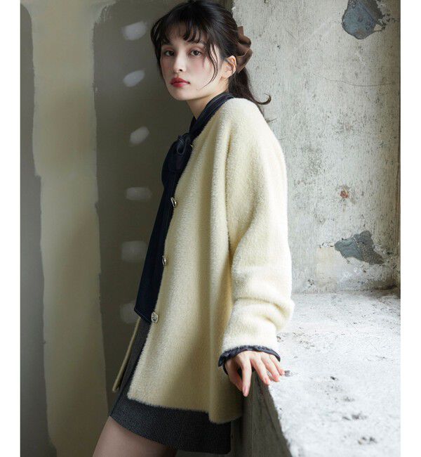 VIS「接結メタルボタンミニフェザーニットコート」|ノーカラージャケット|