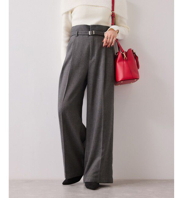 VIS「起毛ウールライク版ベルトディテールタックワイドパンツ」|チノ|グレー(07)