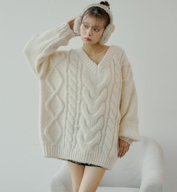  「ケーブルVルーズニットワンピース」|ワンピース|