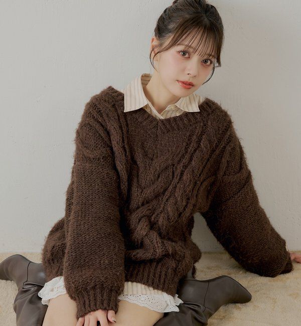  「ケーブルVルーズニットワンピース」|ワンピース|ブラウン