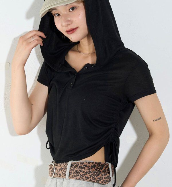  「【新色レース】シアー/レース  ヘンリー半袖パーカー」|Tシャツ・カットソー|