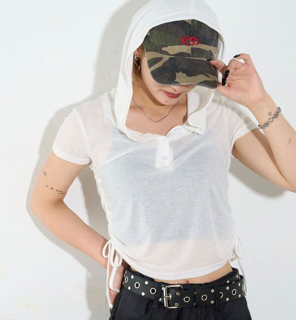  「【新色レース】シアー/レース  ヘンリー半袖パーカー」|Tシャツ・カットソー|