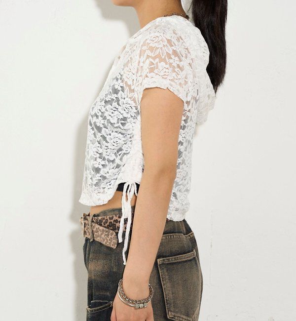  「【新色レース】シアー/レース  ヘンリー半袖パーカー」|Tシャツ・カットソー|