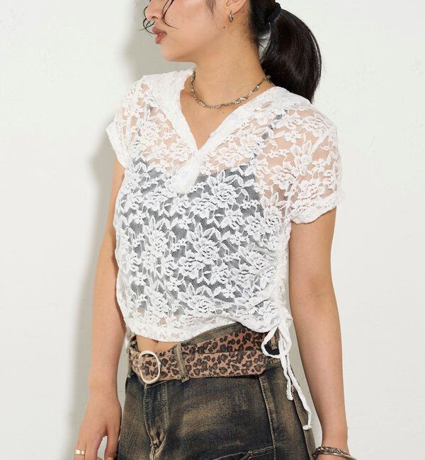  「【新色レース】シアー/レース  ヘンリー半袖パーカー」|Tシャツ・カットソー|