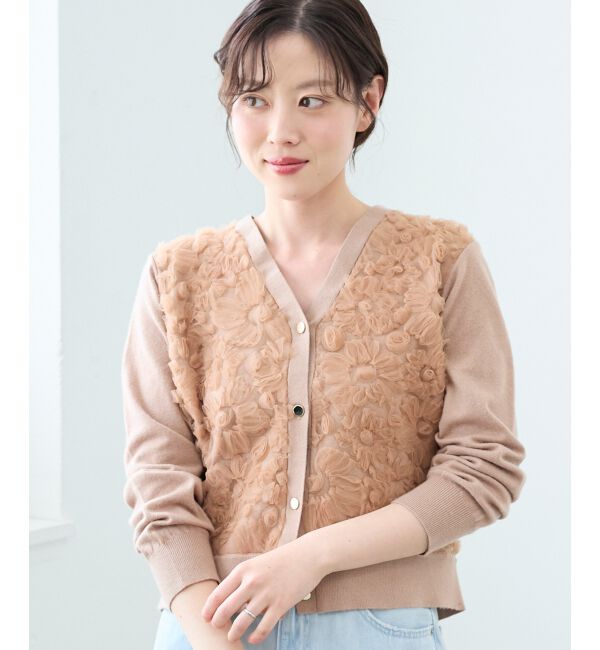  「《手洗い可能》フラワーチュール刺繍Vネックカーディガン」|カーディガン|