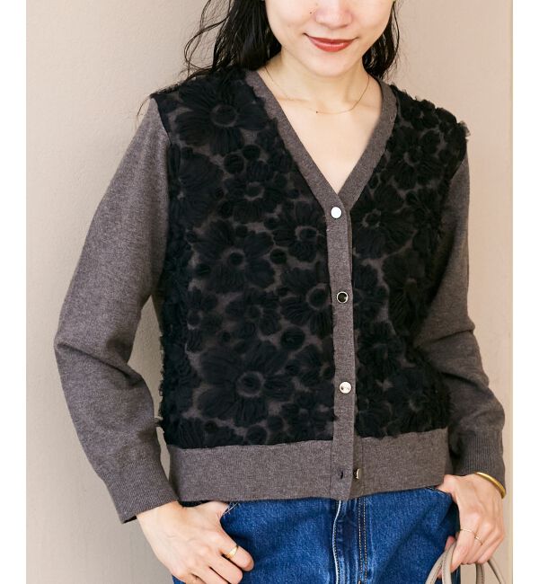  「《手洗い可能》フラワーチュール刺繍Vネックカーディガン」|カーディガン|