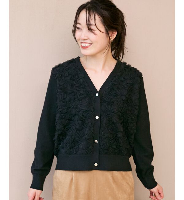  「《手洗い可能》フラワーチュール刺繍Vネックカーディガン」|カーディガン|
