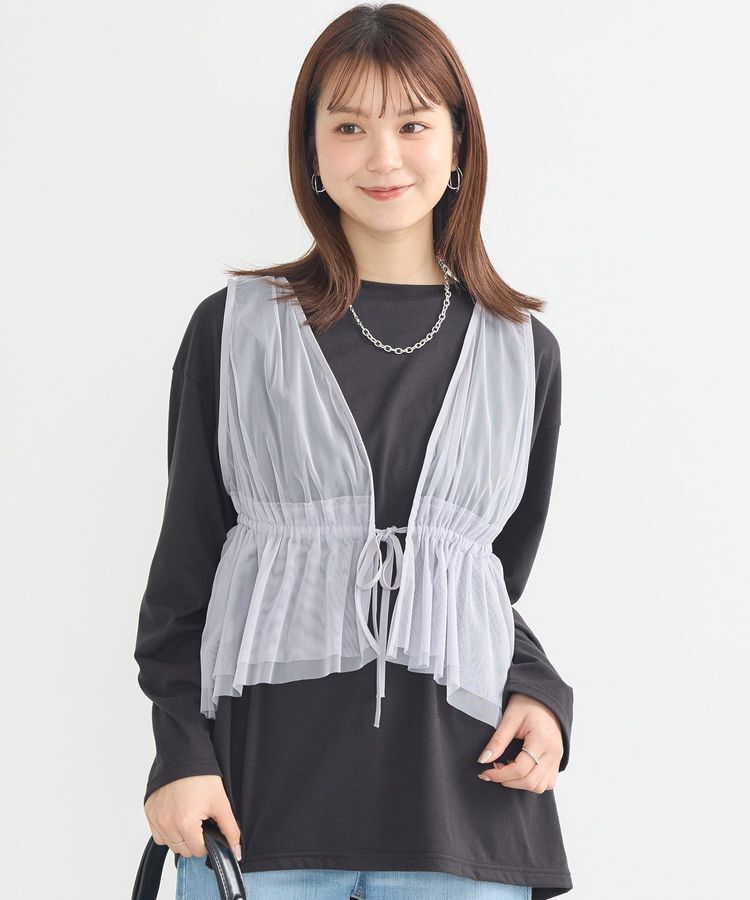 earth music&ecology「チュールドロストギャザーベスト」|ベスト・ジレ|Light Gray