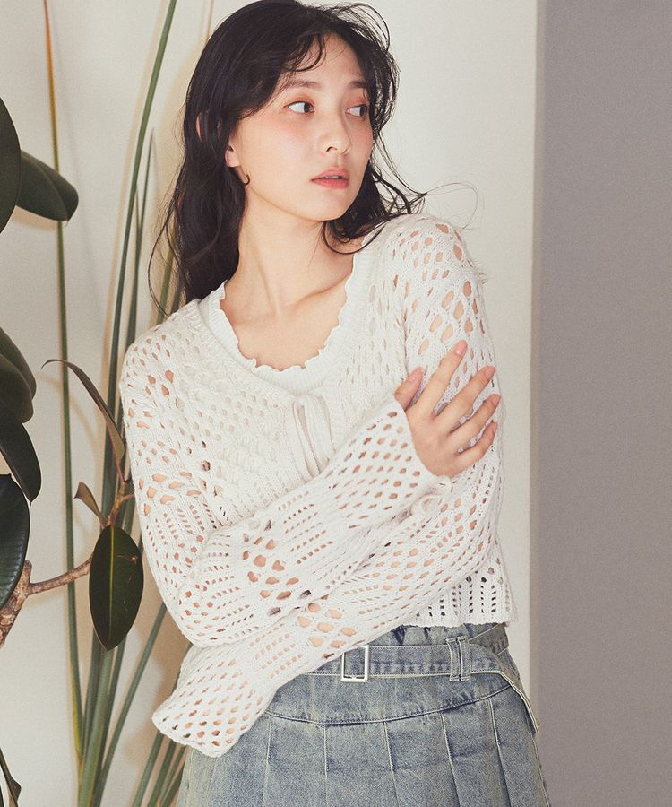 earth music&ecology「フロントリボン透かし編みカーディガン」|カーディガン|