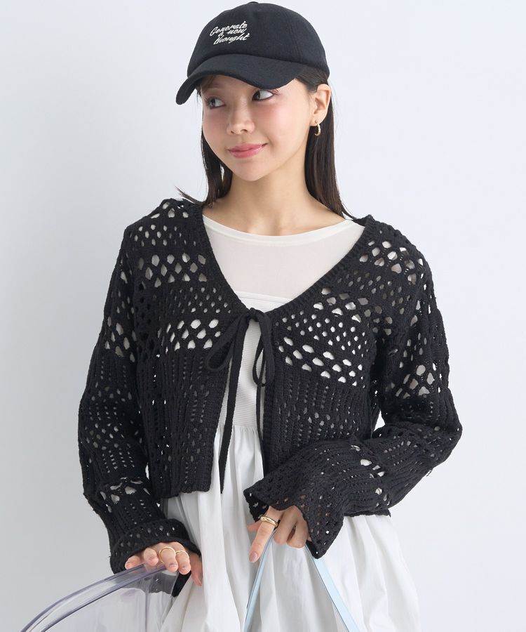 earth music&ecology「フロントリボン透かし編みカーディガン」|カーディガン|