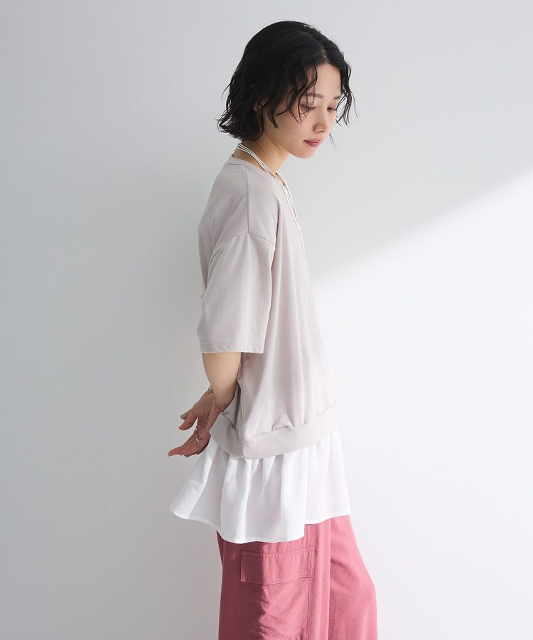 Green Parks「裾フリルドッキング5分袖プルオーバー」|Tシャツ・カットソー|