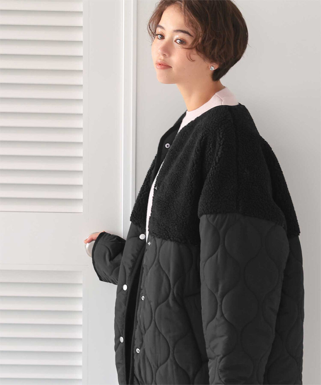 titivate「ボア切替キルティングショートコート」|ノーカラーコート|