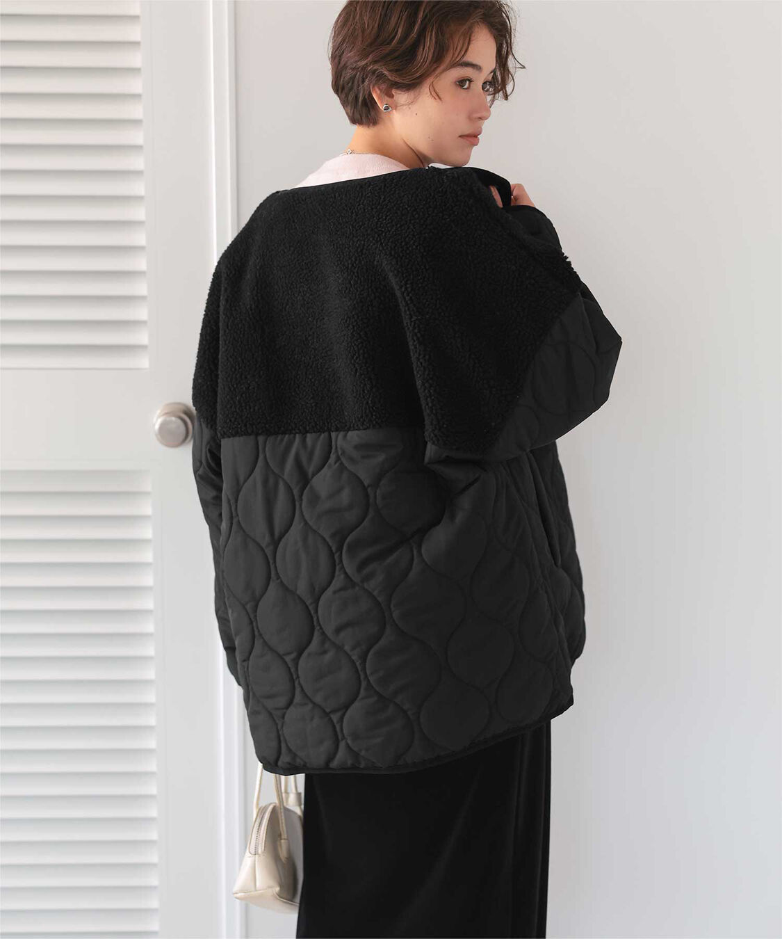 titivate「ボア切替キルティングショートコート」|ノーカラーコート|