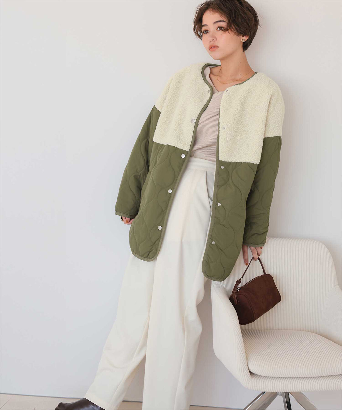 titivate「ボア切替キルティングショートコート」|ノーカラーコート|