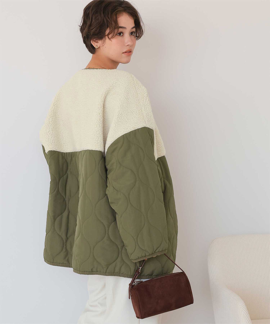 titivate「ボア切替キルティングショートコート」|ノーカラーコート|