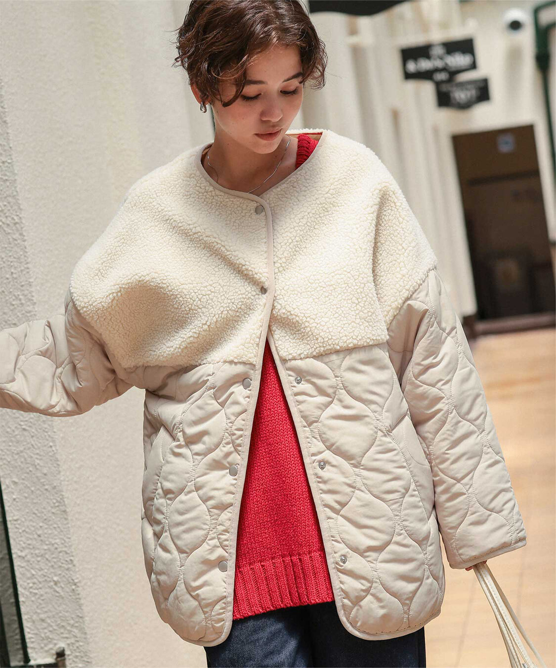 titivate「ボア切替キルティングショートコート」|ノーカラーコート|