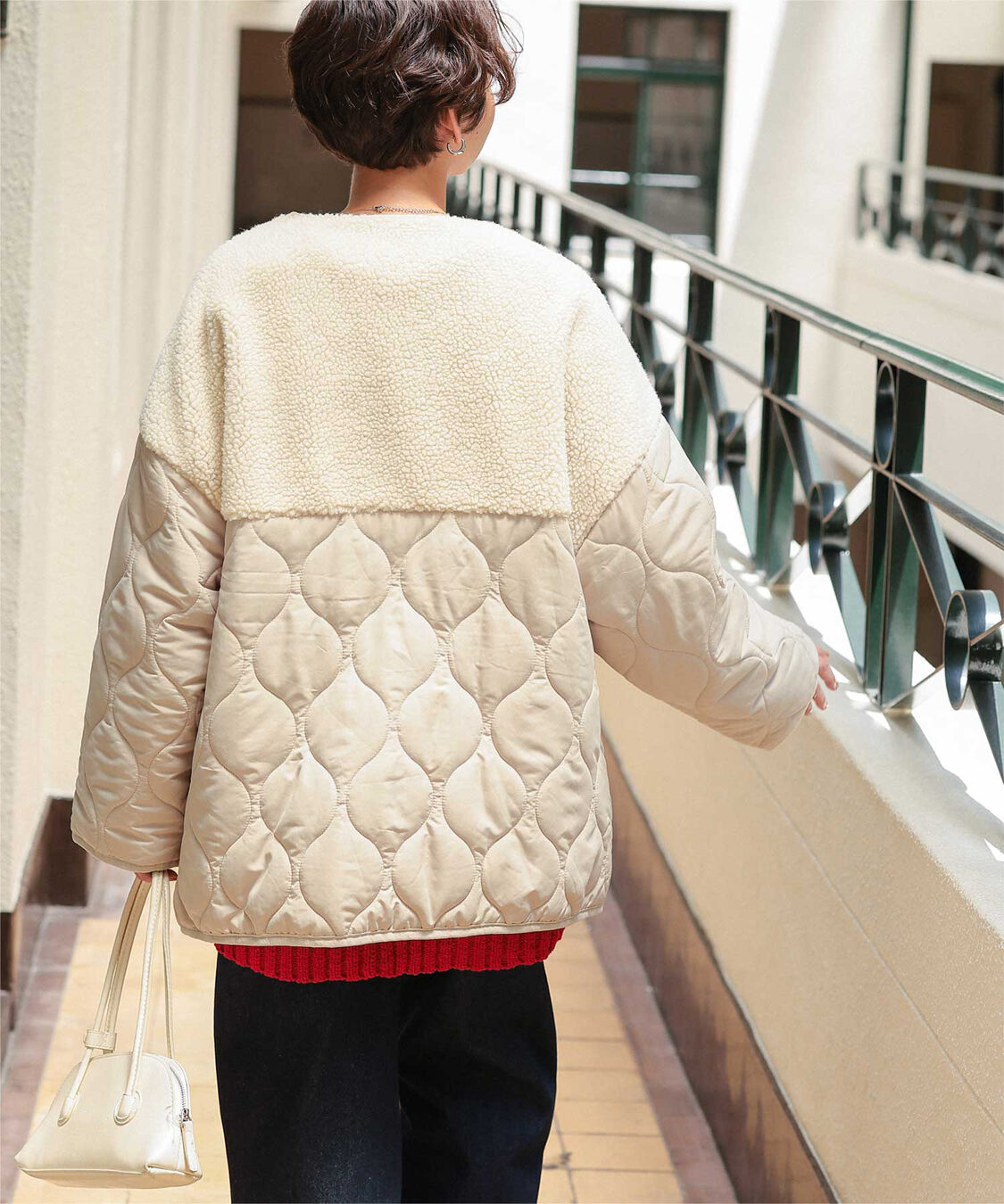 titivate「ボア切替キルティングショートコート」|ノーカラーコート|