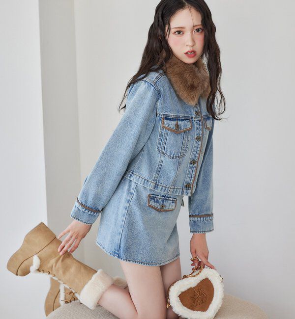  「衿ファー配色ジャケット」|ダウン|