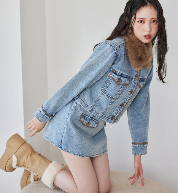  「衿ファー配色ジャケット」|ダウン|