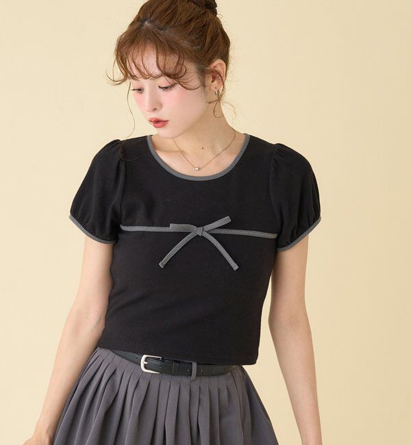  「配色リボンカットソー」|プルオーバー|ブラック