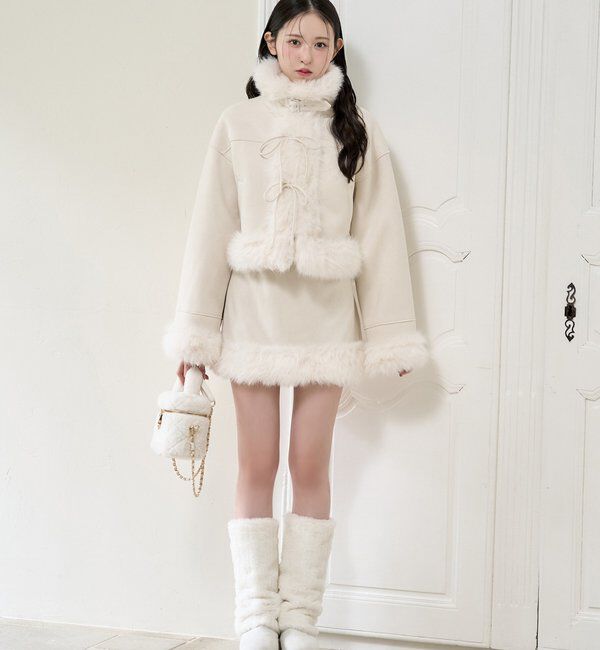  「【リボン取り外し可能】フェイクムートンリボンアウター」|ダウンベスト・ベスト|