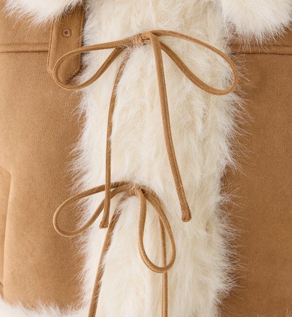  「【リボン取り外し可能】フェイクムートンリボンアウター」|ダウンベスト・ベスト|