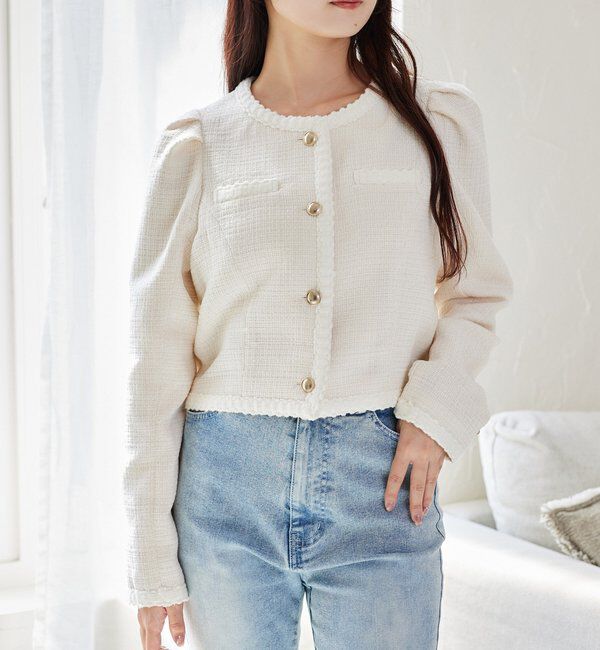  「【セットアップ対応】ノーカラーツイードジャケット」|ダウンベスト・ベスト|