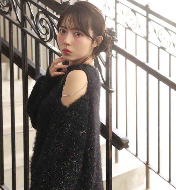  「肩あきビジューニットミニワンピ」|ワンピース|