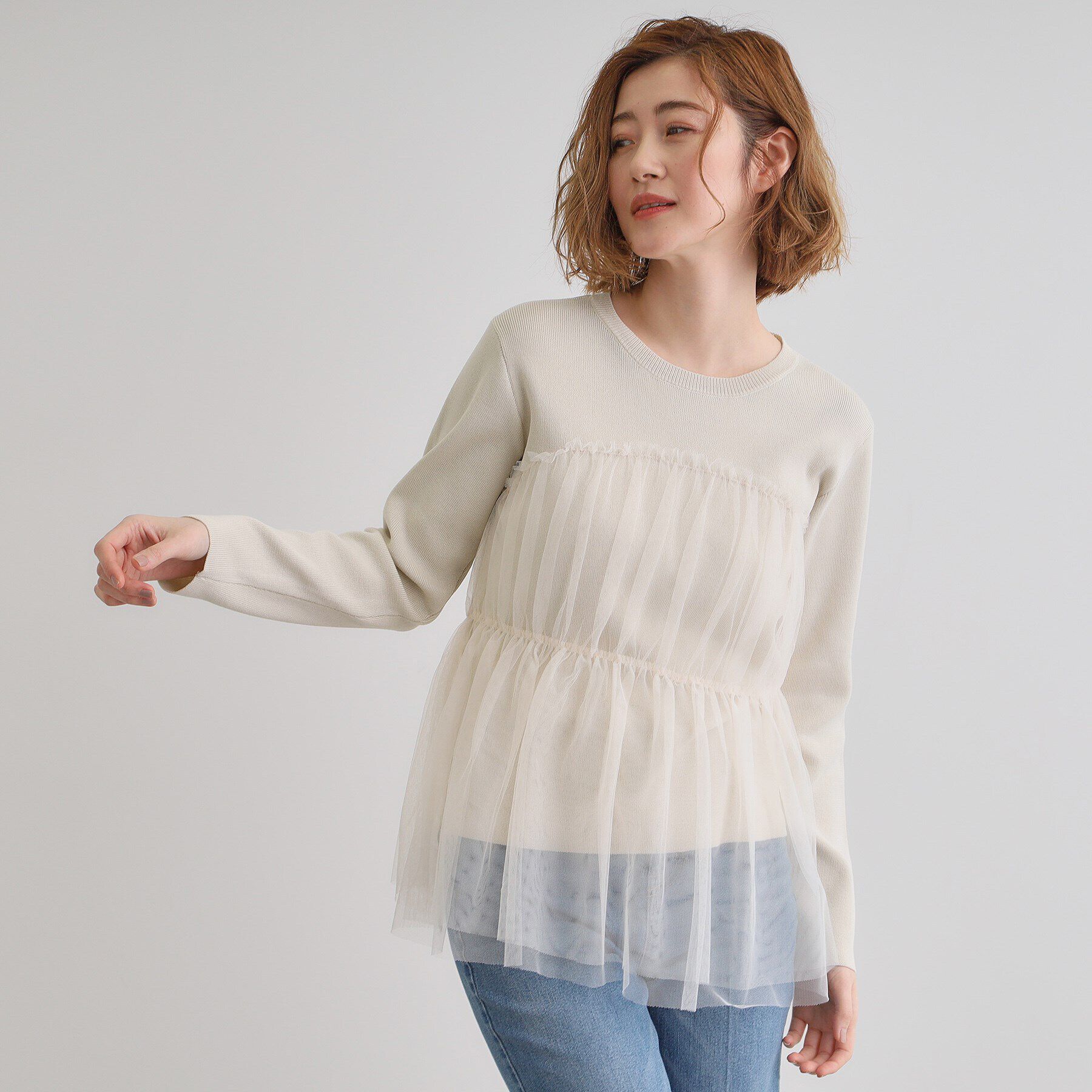 grove「チュールドッキングニットプルオーバー」|ニット・セーター|アイボリー(004)
