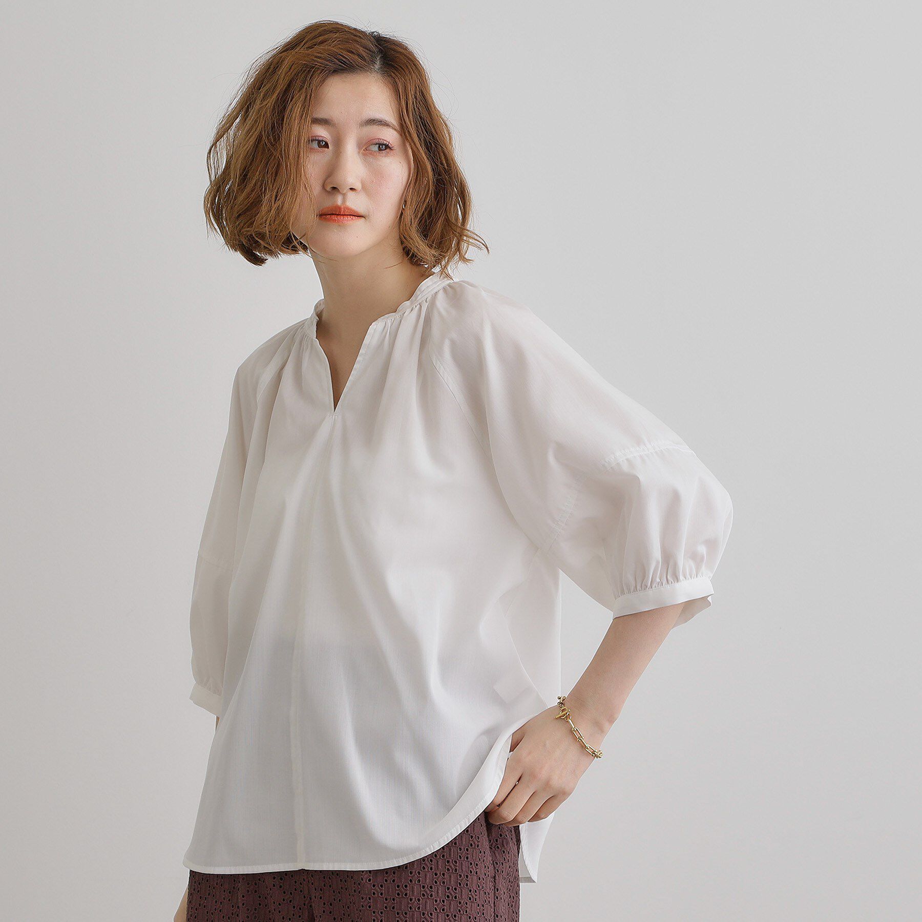 grove「【夏に嬉しい機能付き】ランタンスリーブシャツブラウス」|シャツ・ブラウス|オフホワイト(003