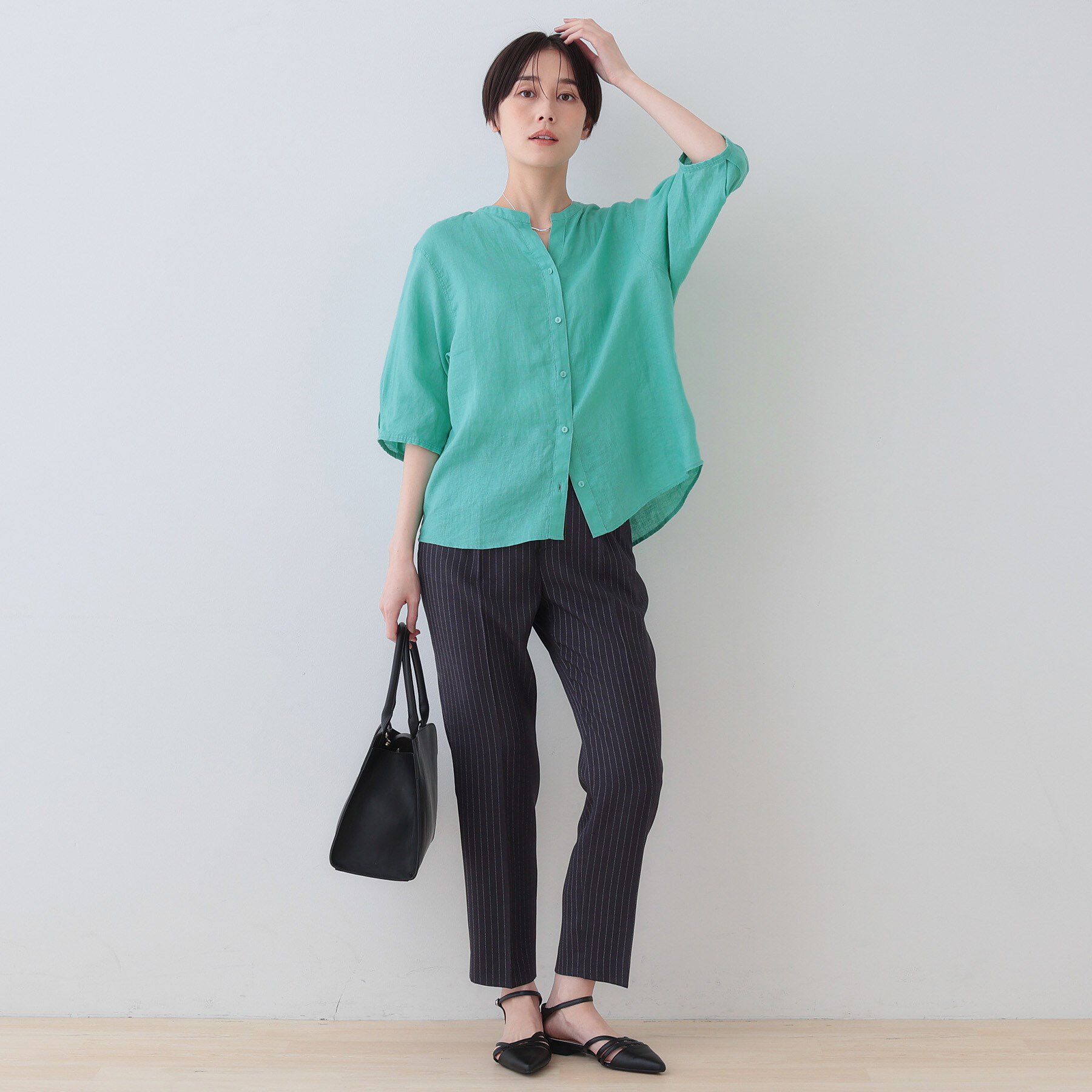 INDIVI「【毎年人気！／フレンチリネン】5分袖バンドカラーブラウス」|シャツ・ブラウス|