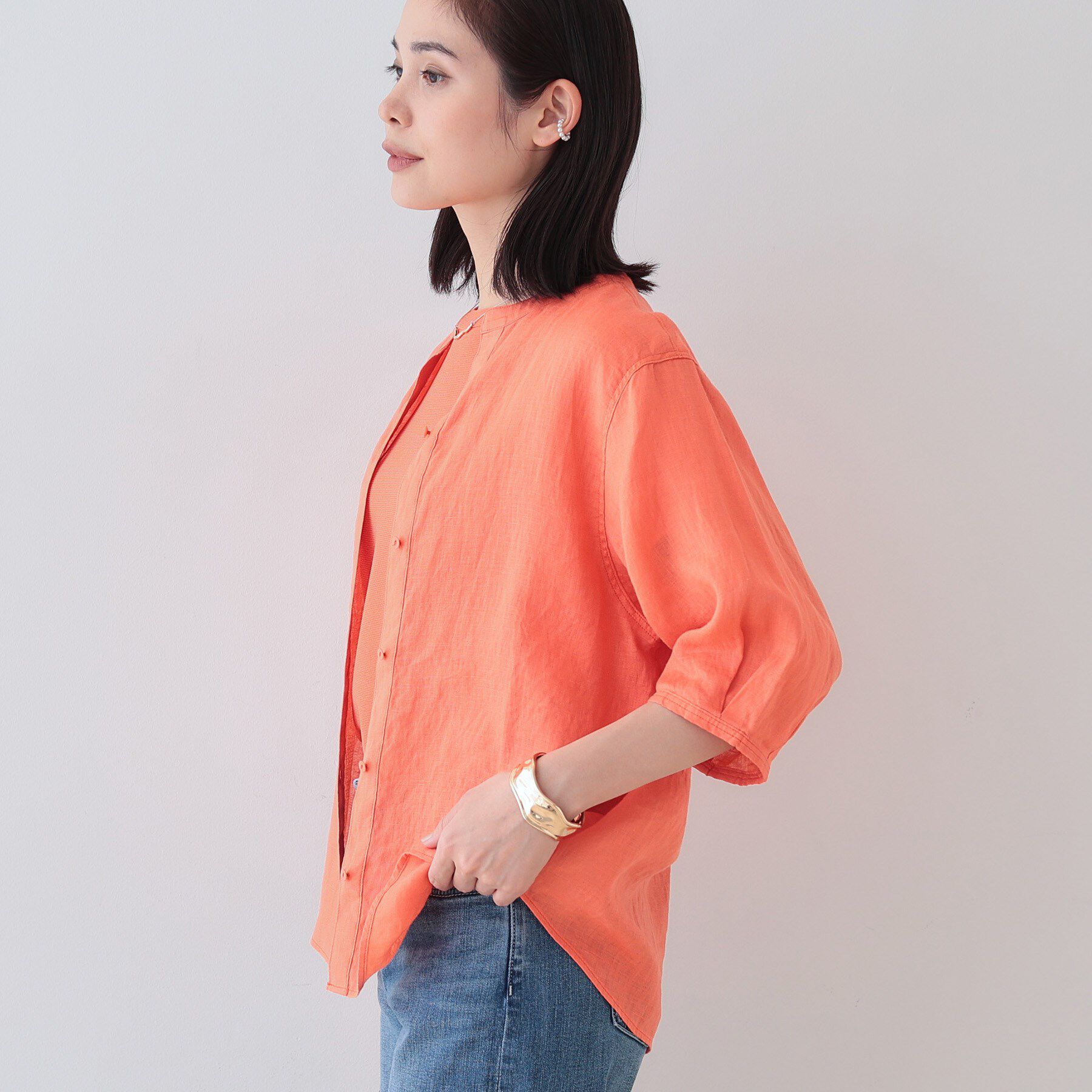 INDIVI「【毎年人気！／フレンチリネン】5分袖バンドカラーブラウス」|シャツ・ブラウス|