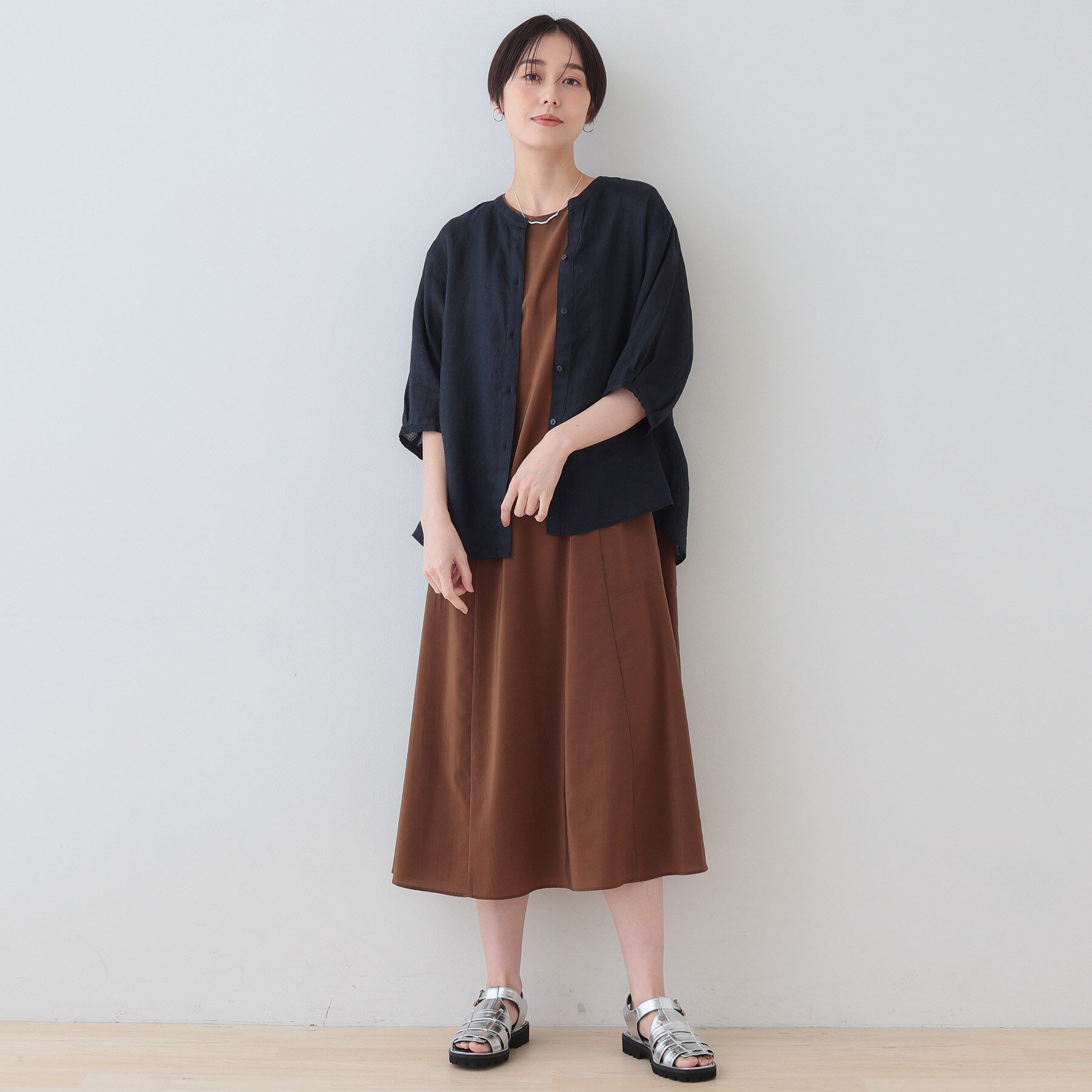 INDIVI「【毎年人気！／フレンチリネン】5分袖バンドカラーブラウス」|シャツ・ブラウス|