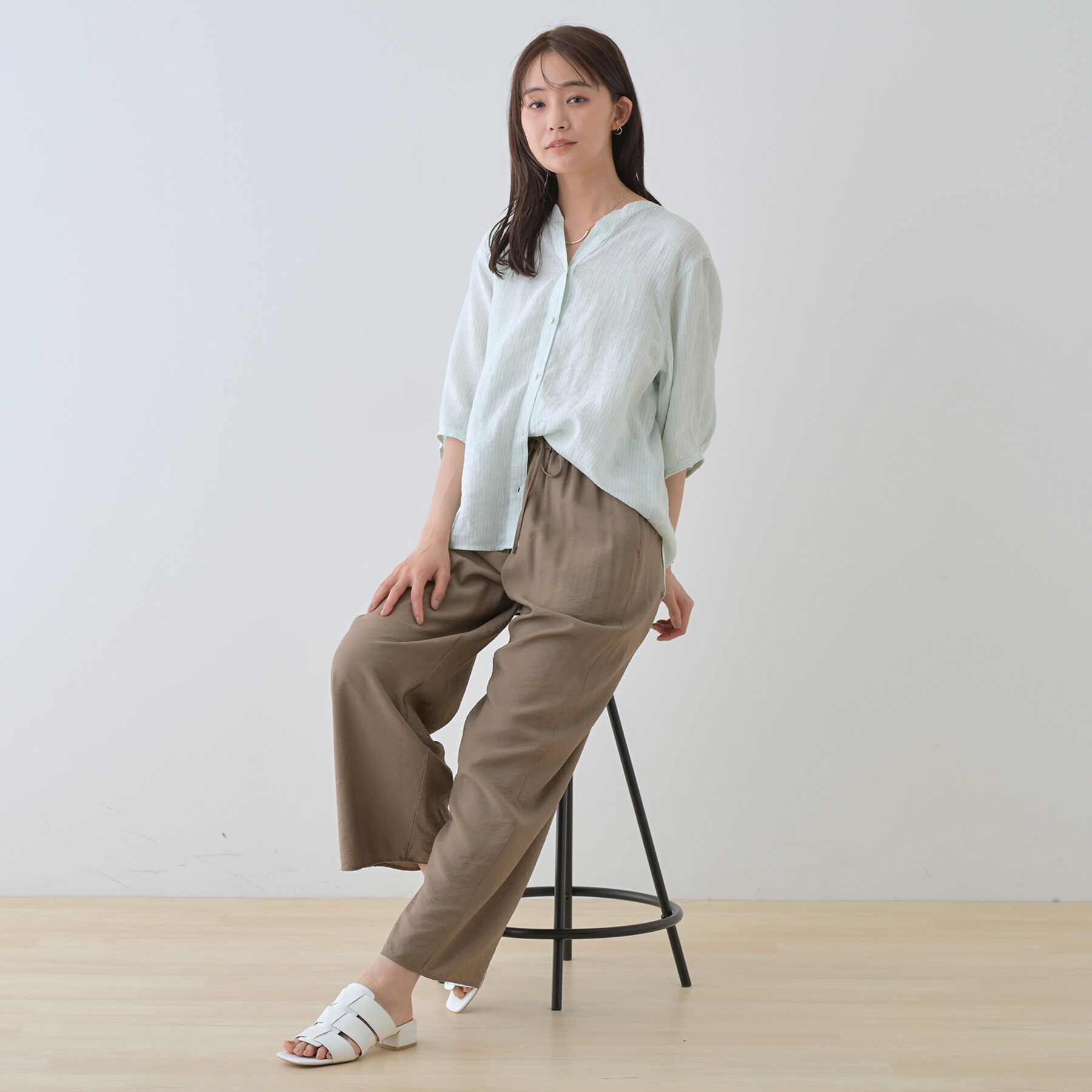 INDIVI「【毎年人気！／フレンチリネン】5分袖バンドカラーブラウス」|シャツ・ブラウス|