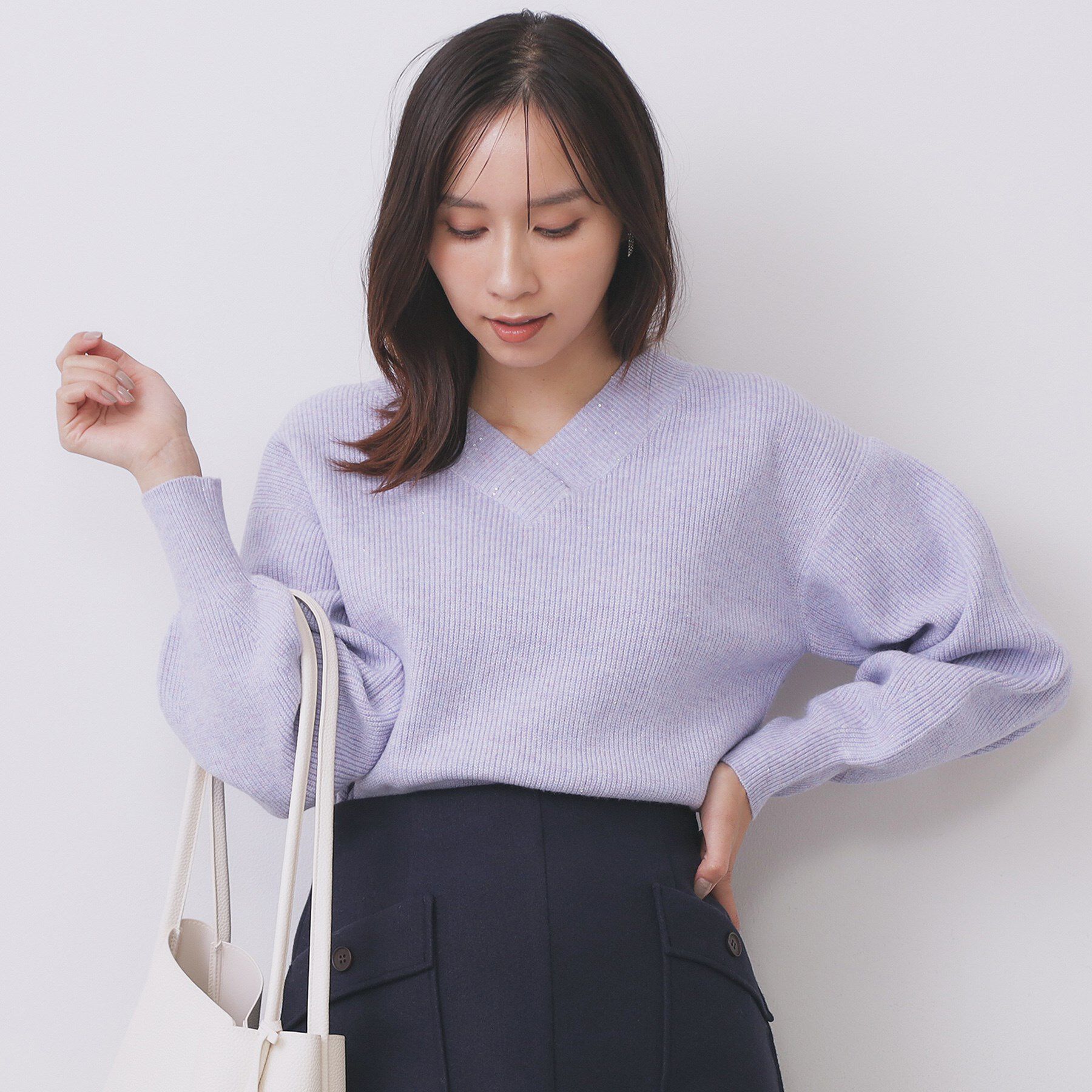 index「片畦Vネックボクシーパフニット【洗濯機OK】」|ニット・セーター|