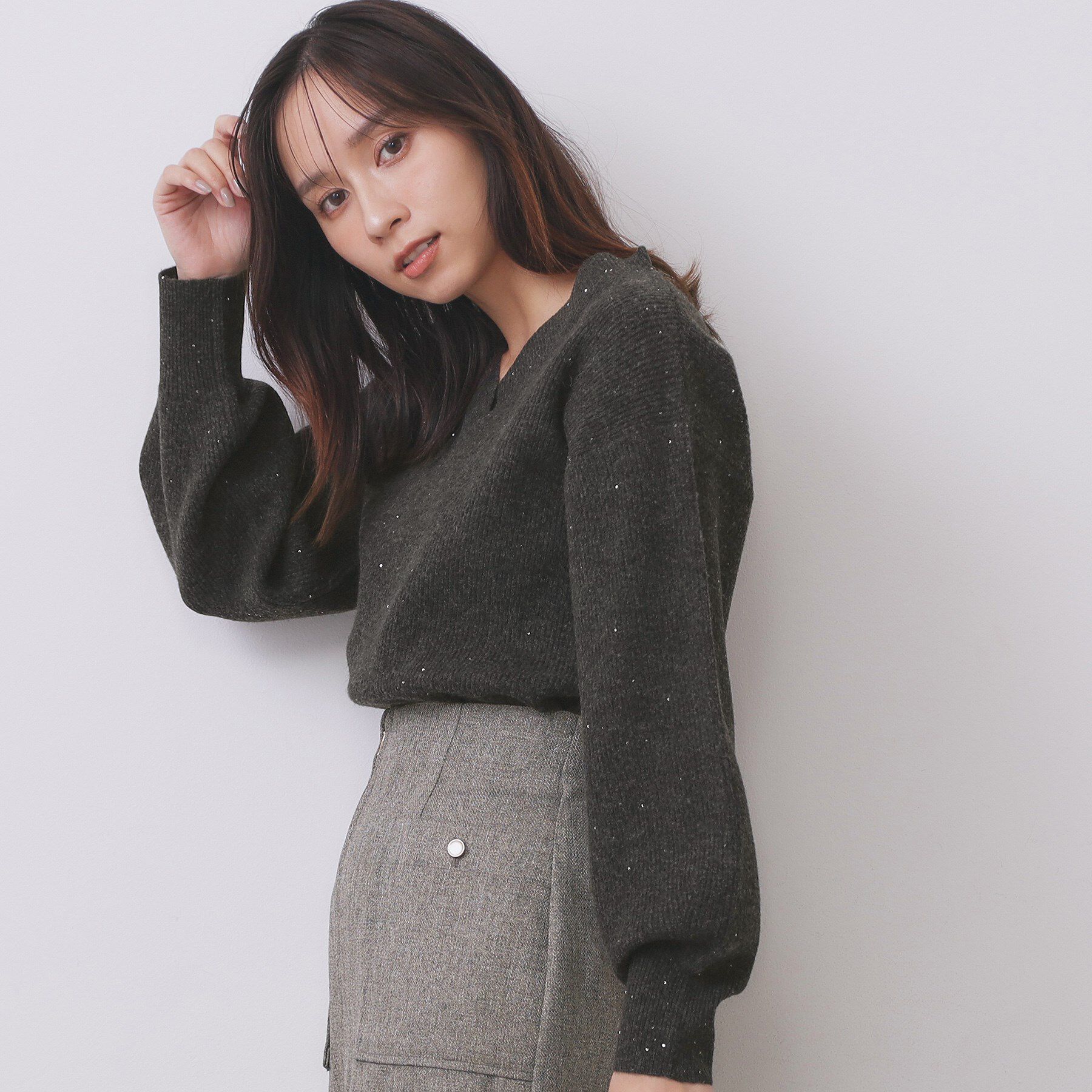 index「片畦Vネックボクシーパフニット【洗濯機OK】」|ニット・セーター|