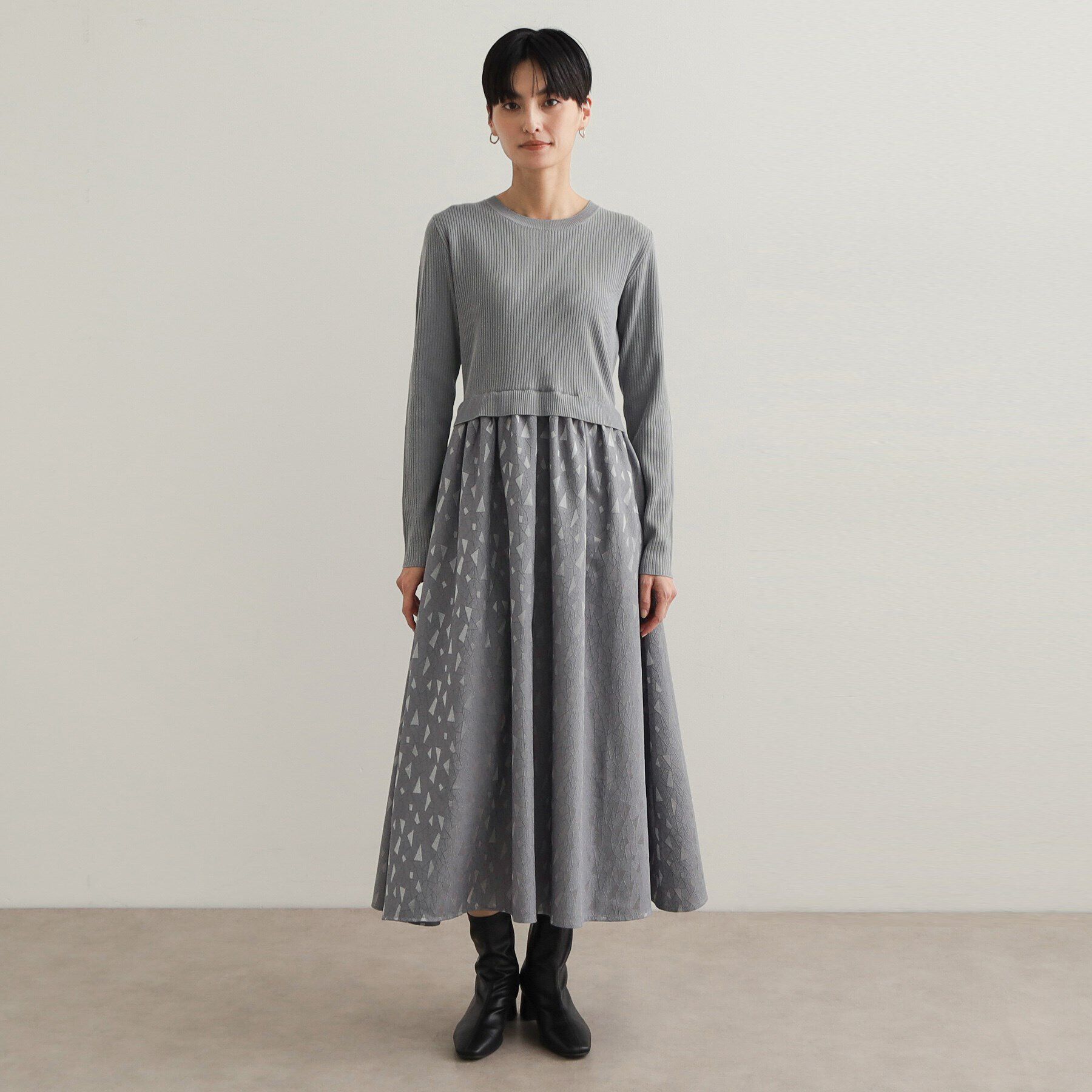 OPAQUE.CLIP「《美人百花掲載》ニット&times;ジャカードドッキングワンピース【洗濯機洗い可/抗ピル】」|ワンピース|