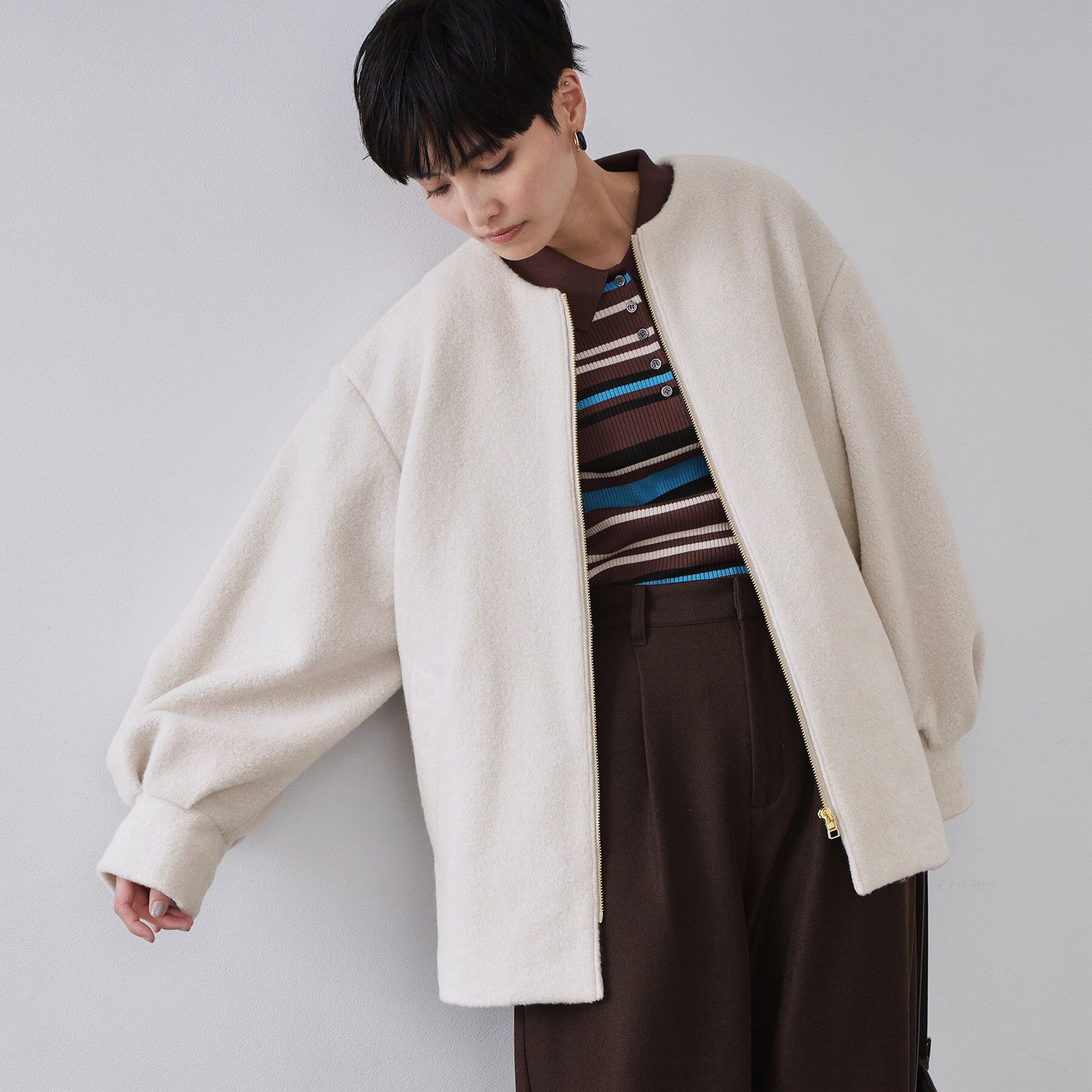 OPAQUE.CLIP「もこもこノーカラージップミドルコート【洗える】」|ノーカラーコート|ライトベージュ(05