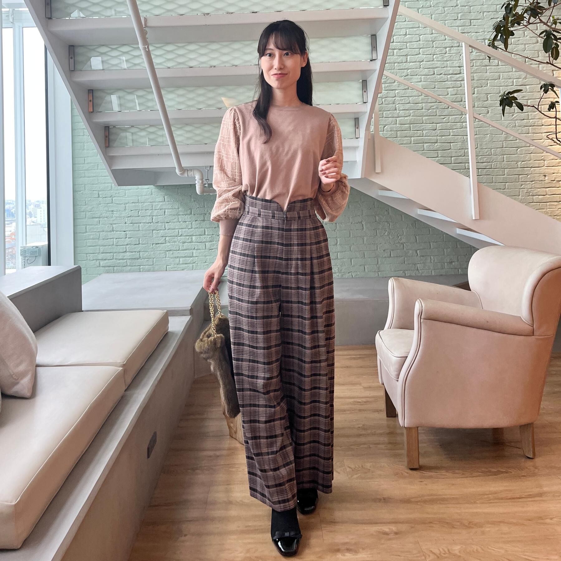 Couture broach「【大人可愛い】起毛先染めチェック柄 スカラウエスト ワイドパンツ」|その他|