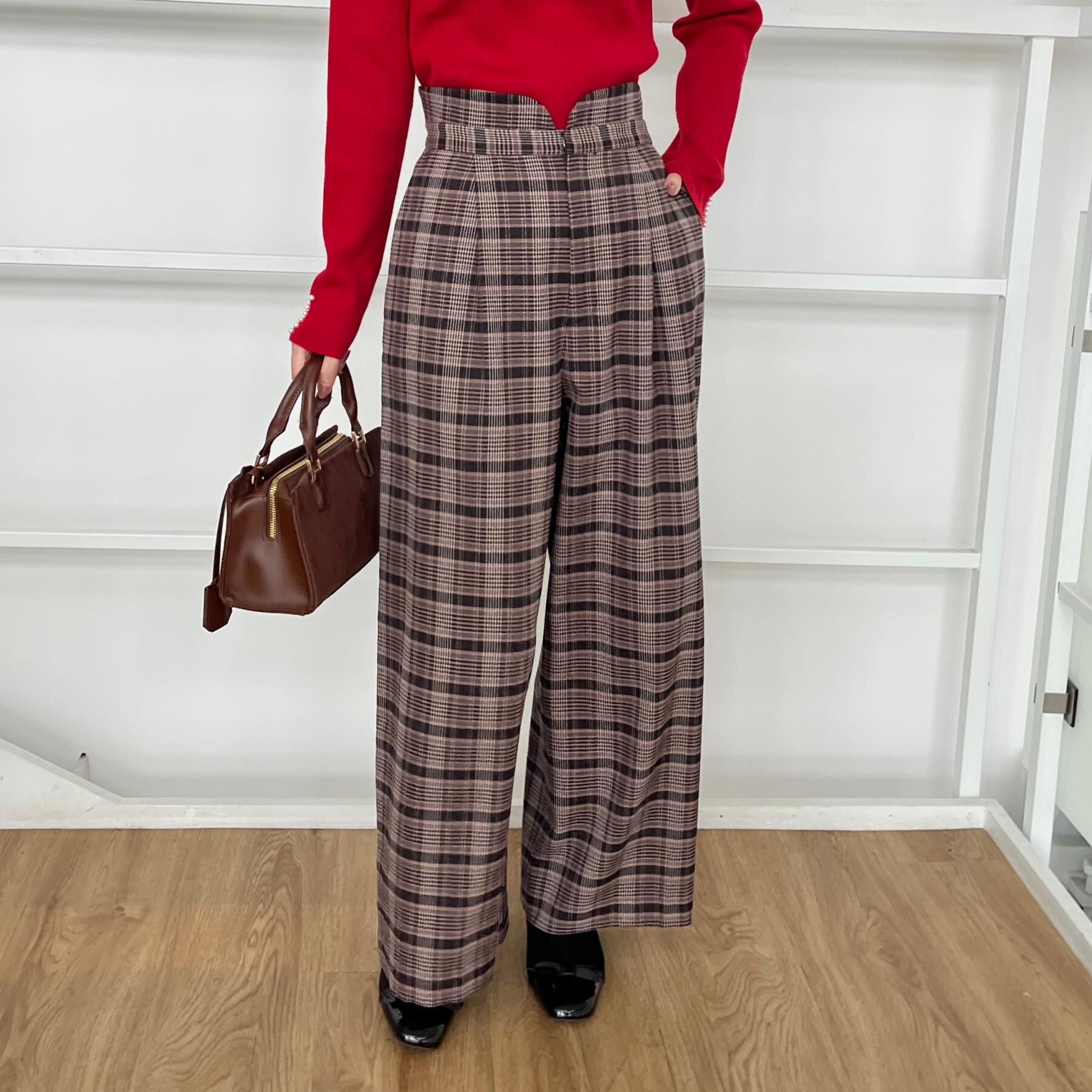 Couture broach「【大人可愛い】起毛先染めチェック柄 スカラウエスト ワイドパンツ」|その他|