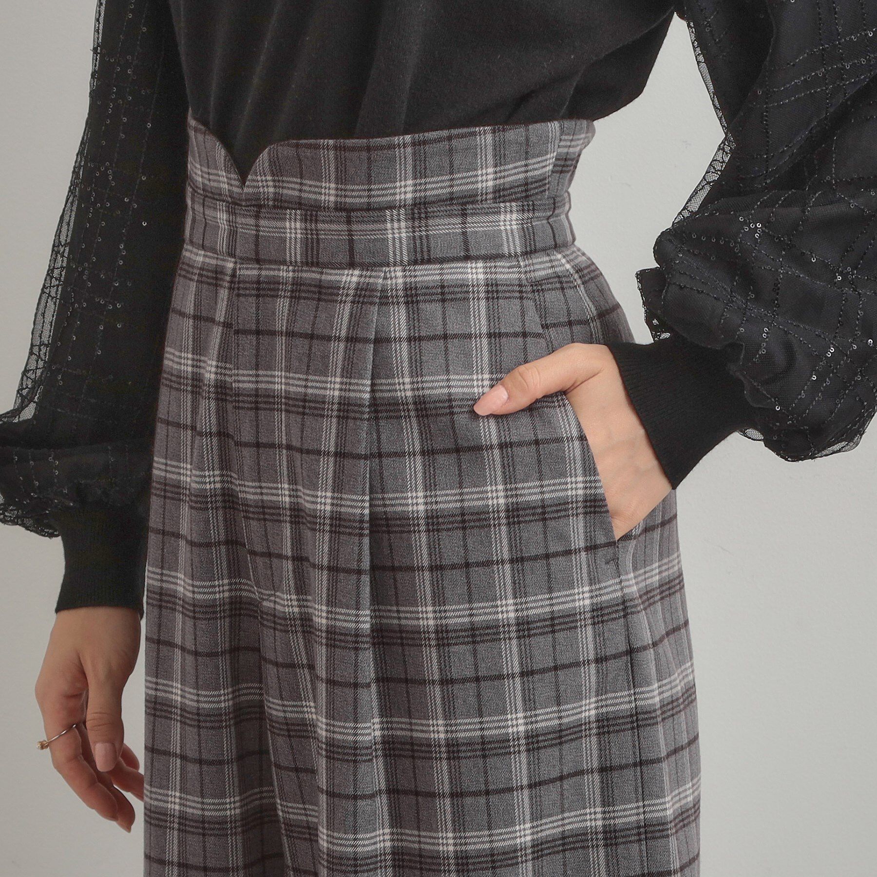 Couture broach「【大人可愛い】起毛先染めチェック柄 スカラウエスト ワイドパンツ」|その他|