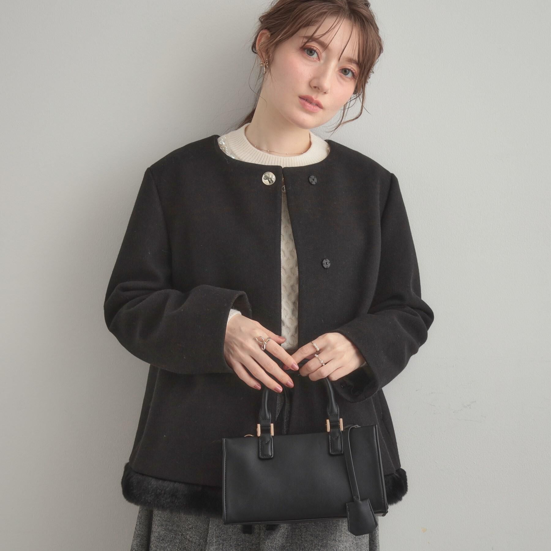 Couture broach「【大人レディ・フェイクファー取り外し可能】ケープ風ショートコート」|ノーカラーコート|